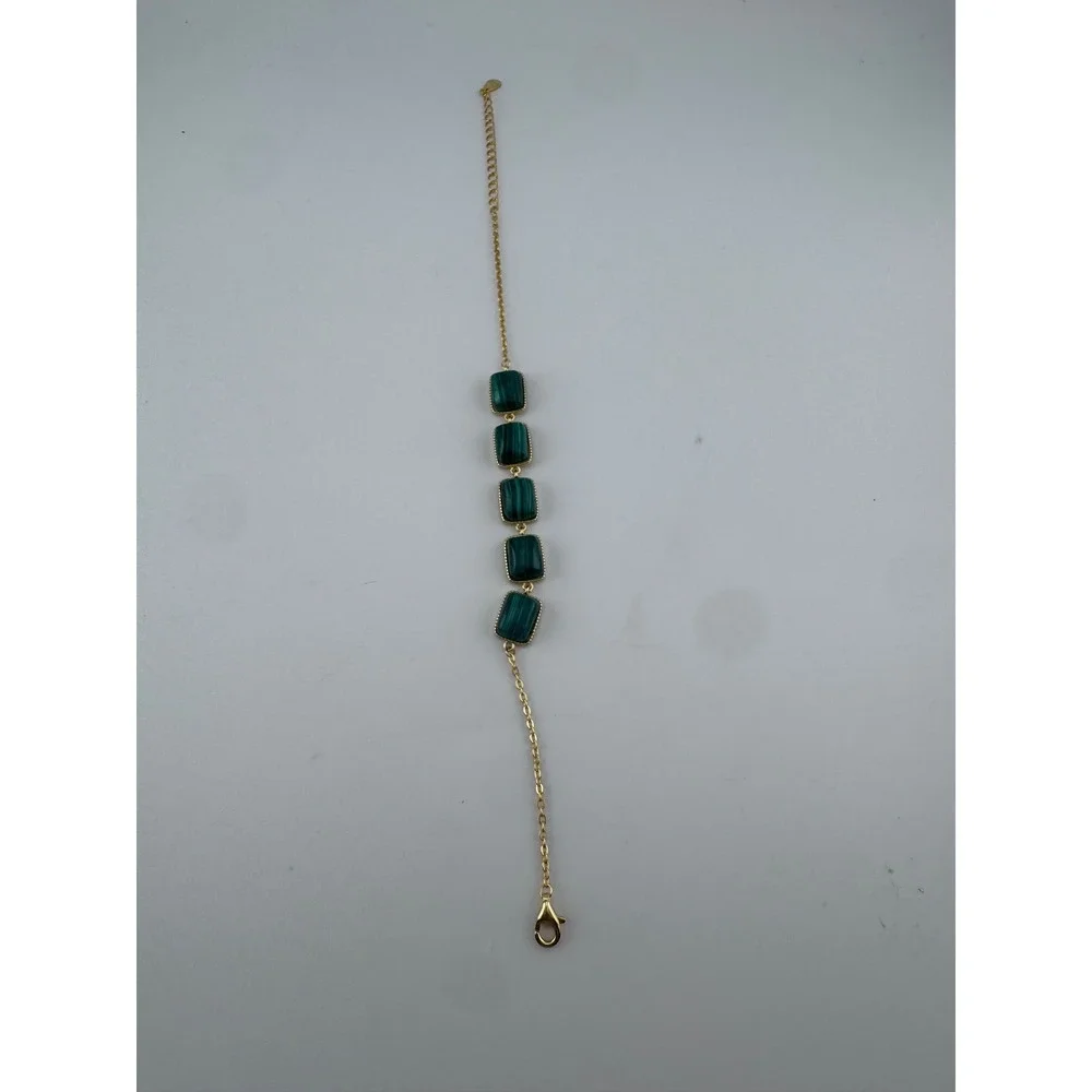 Green Malachite Style Bracelet Gold Tone Chain Rectangle Stones Adjustable
